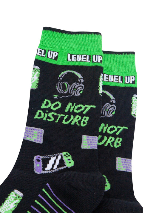 Do-Not-Disturb-Combed-Cotton-Socks-in-Black/Lime-Green-Close-Up