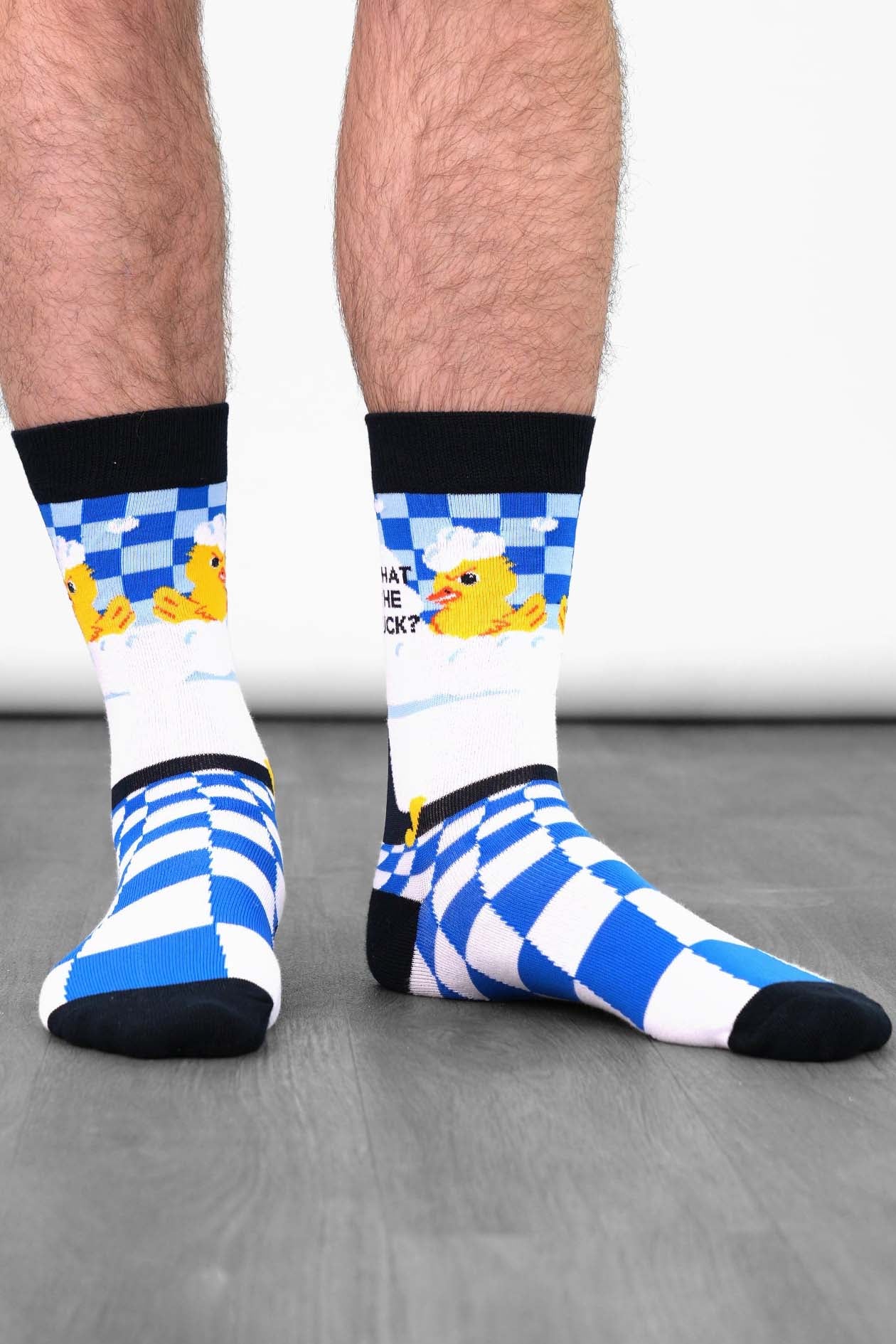 what-the-duck-print-combed-cotton-socks-in-blue-and-black
