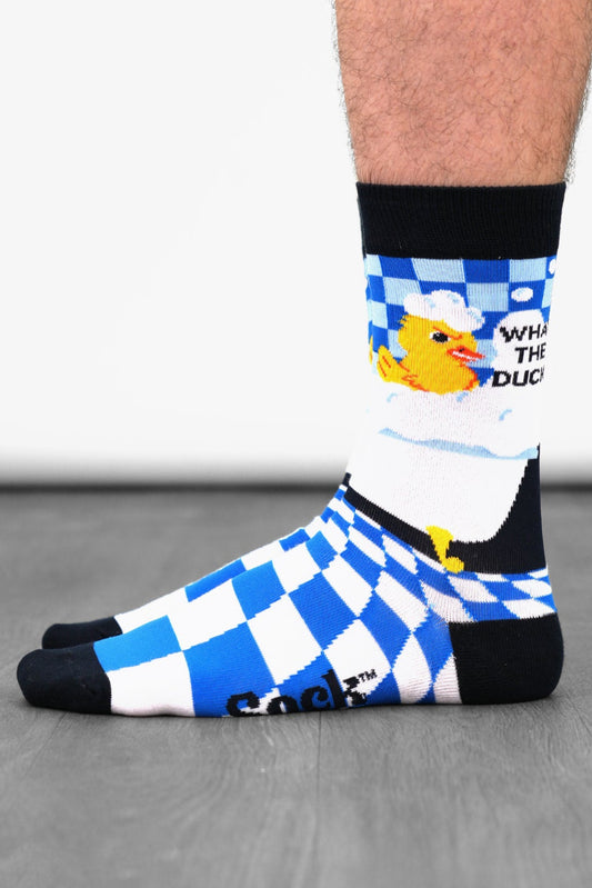 Men's Combed Cotton Crew Socks- Blue, What the Duck?