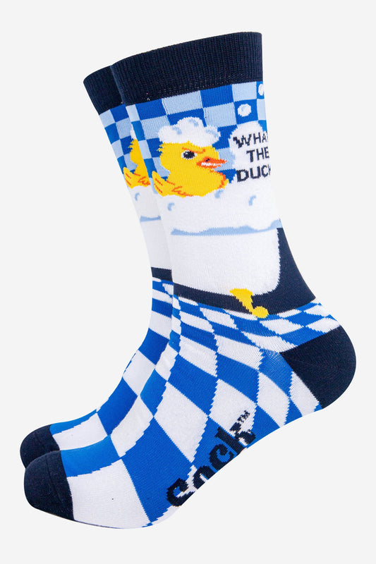 mens-combed-cotton-crew-socks-blue-what-the-duck-funny