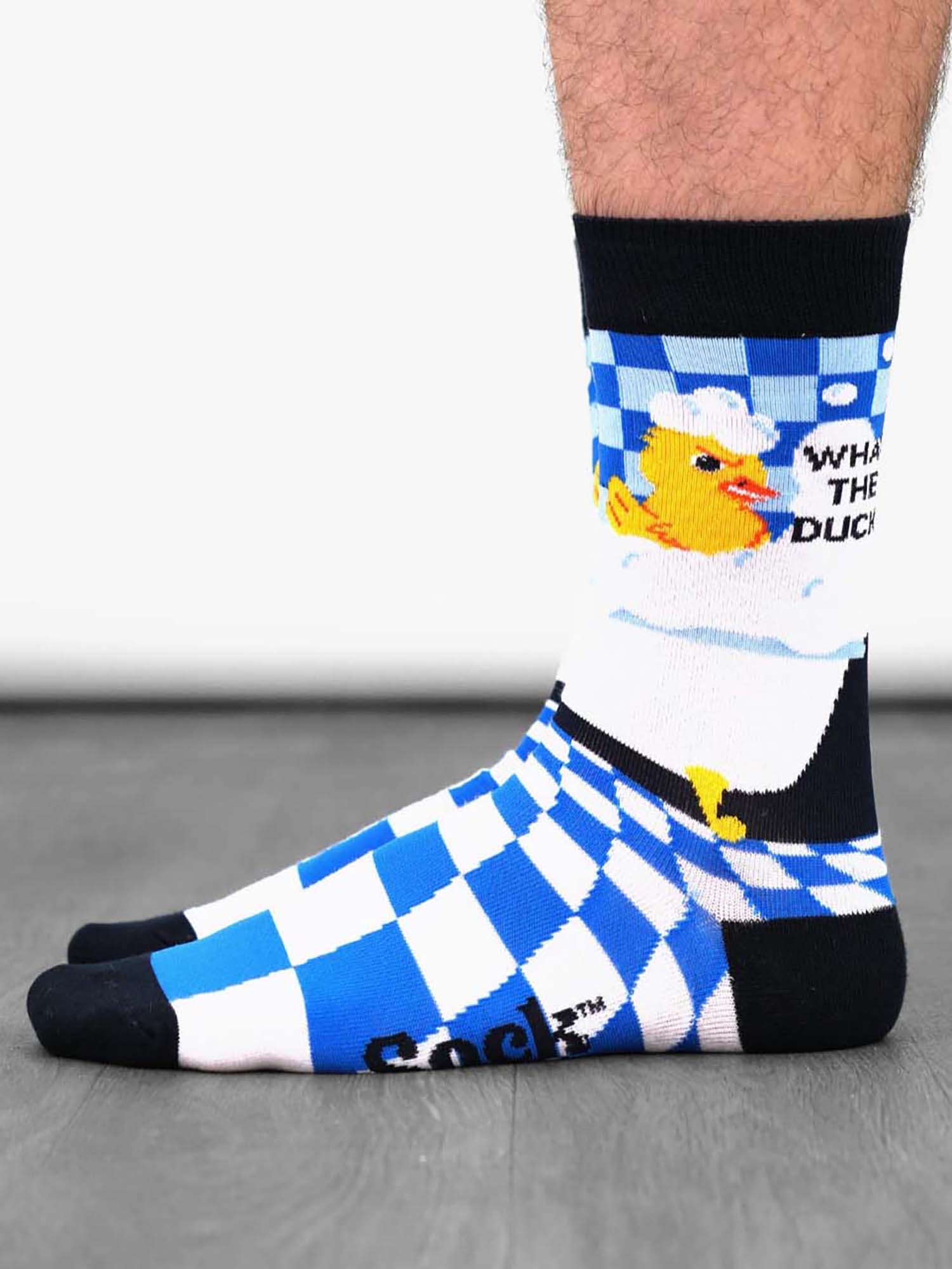 what-the-duck-print-combed-cotton-socks-in-blue-and-black
