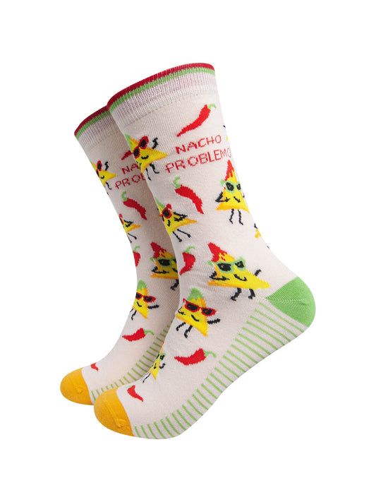 Nacho-Problemo-Combed-Cotton-Socks-in-White-On-Mannequin
