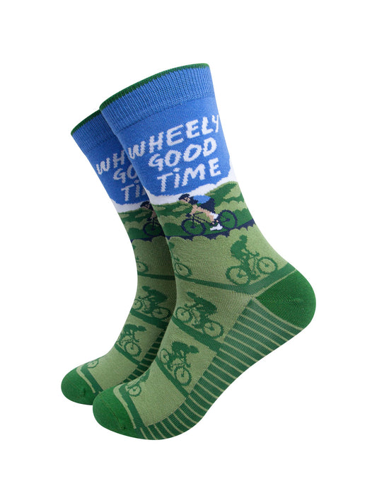 Wheely-Good-Time-Combed-Cotton-Socks-in-Sky-Blue/Green-On-Mannequin