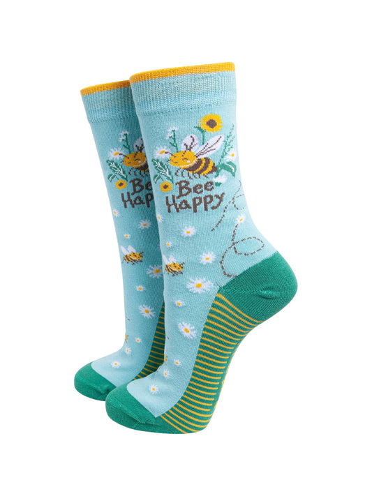 Bee-Happy-Combed-Cotton-Socks-in-Bright-Blue-On-Mannequin