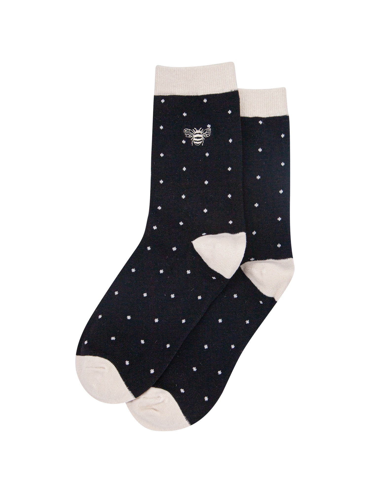 womens-embroidered-ankle-socks-black-polka-dot-bee-laying-flat