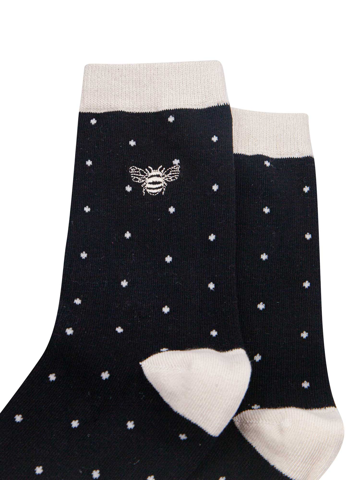 womens-embroidered-ankle-socks-black-polka-dot-bee-close-up