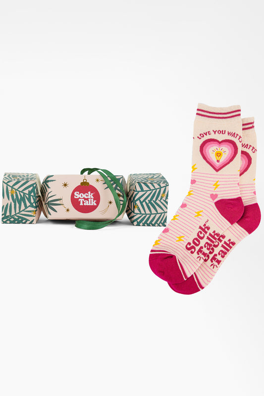 Women's Combed Cotton Ankle Socks Christmas Cracker Gift Box - Cream/Pink, Love You Watts