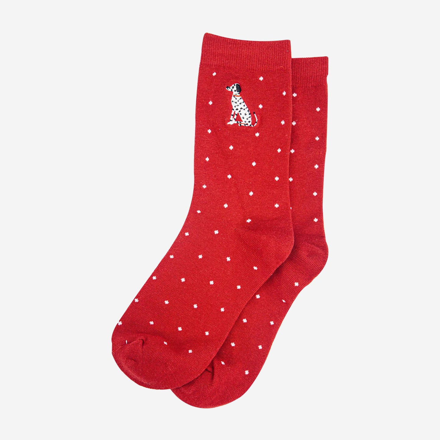 womens-embroidered-ankle-socks-red-dalmatian-polka-dot-laying-flat