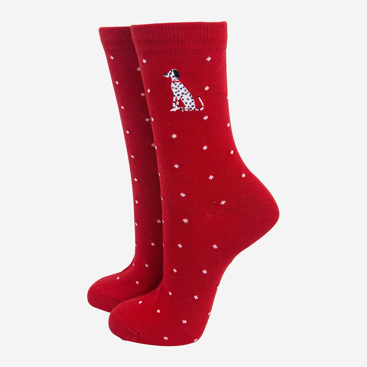 womens-embroidered-ankle-socks-red-dalmatian-polka-dot-dogs