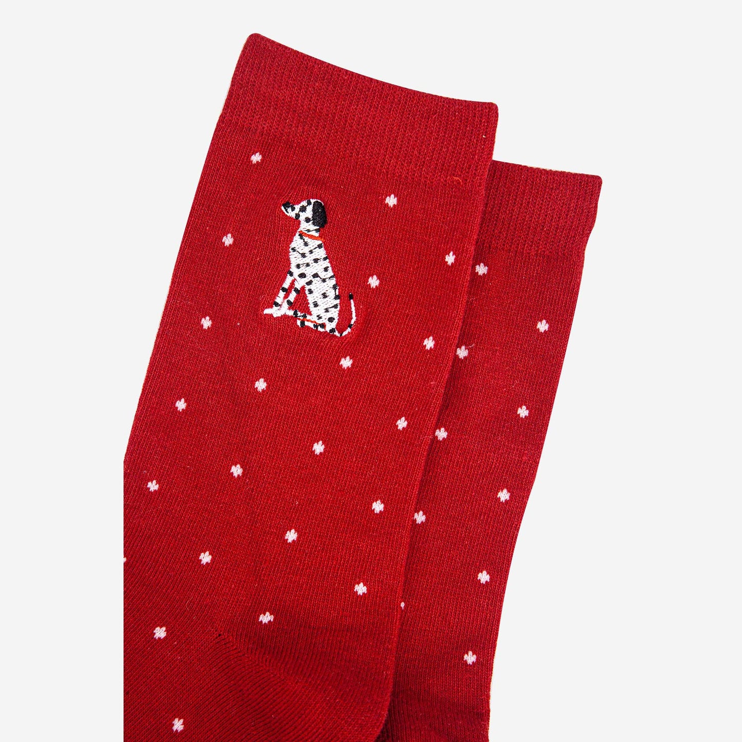 womens-embroidered-ankle-socks-red-dalmatian-polka-dot-close-up-dog-pattern