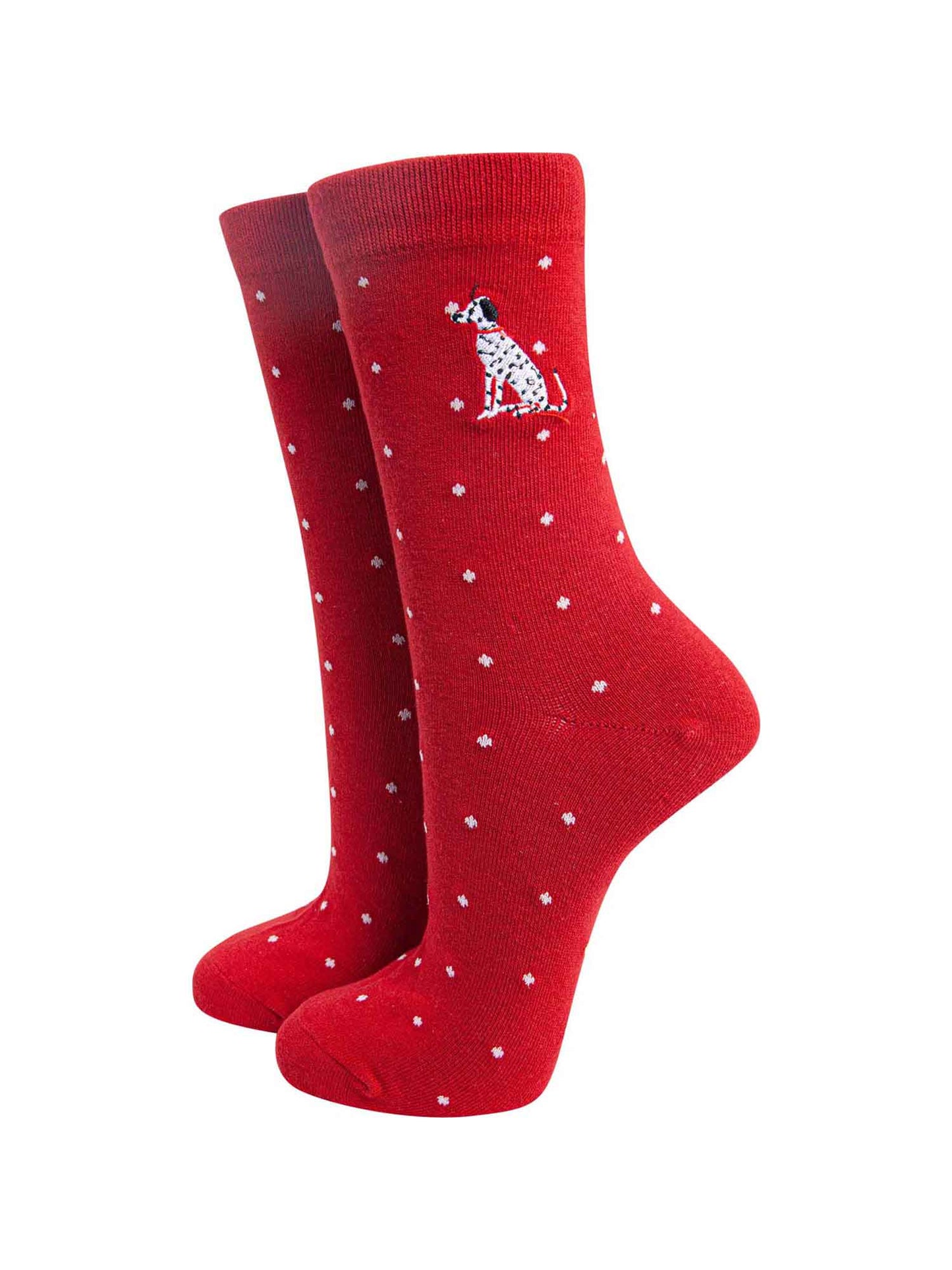 womens-embroidered-ankle-socks-red-dalmatian-polka-dot-dogs