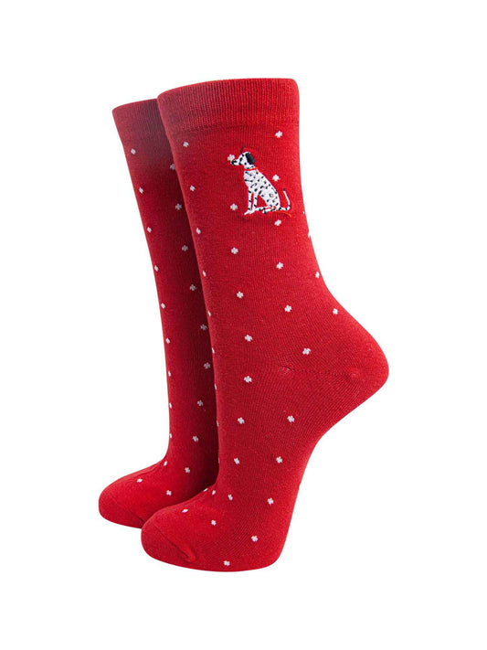 womens-embroidered-ankle-socks-red-dalmatian-polka-dot-dogs
