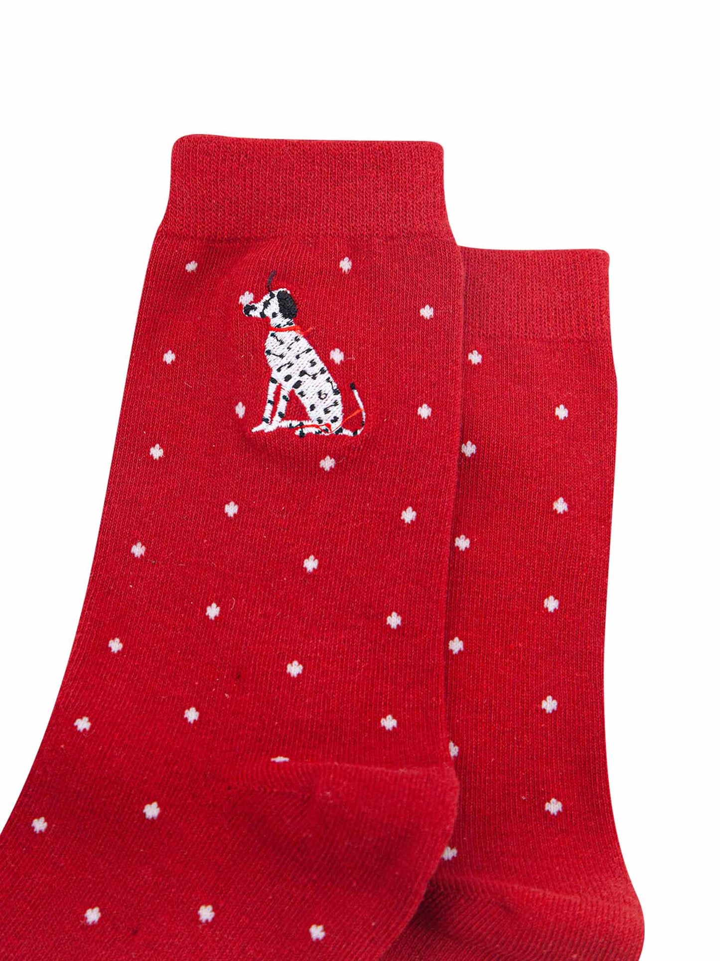 womens-embroidered-ankle-socks-red-dalmatian-polka-dot-close-up-dog-pattern