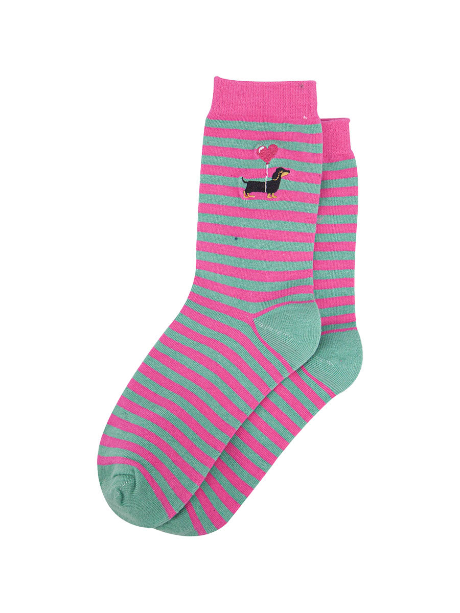 womens-embroidered-ankle-socks-pink-sausage-dog-stripe-laying-flat