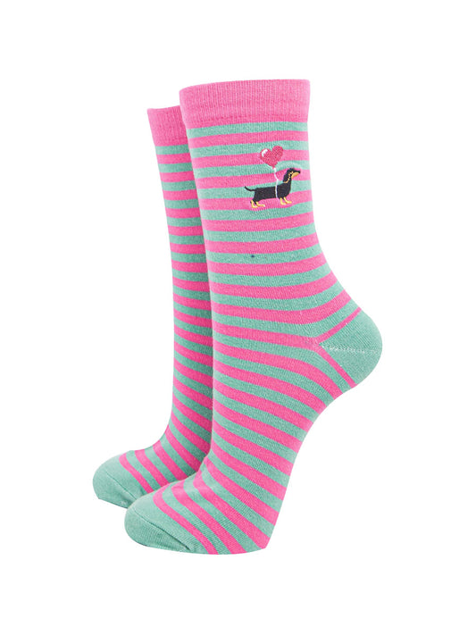 womens-embroidered-ankle-socks-pink-sausage-dog-stripe-heart-balloon
