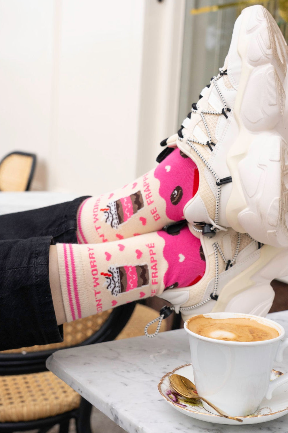 Women's Combed Cotton Ankle Socks- Pink/Cream, Be Frappe