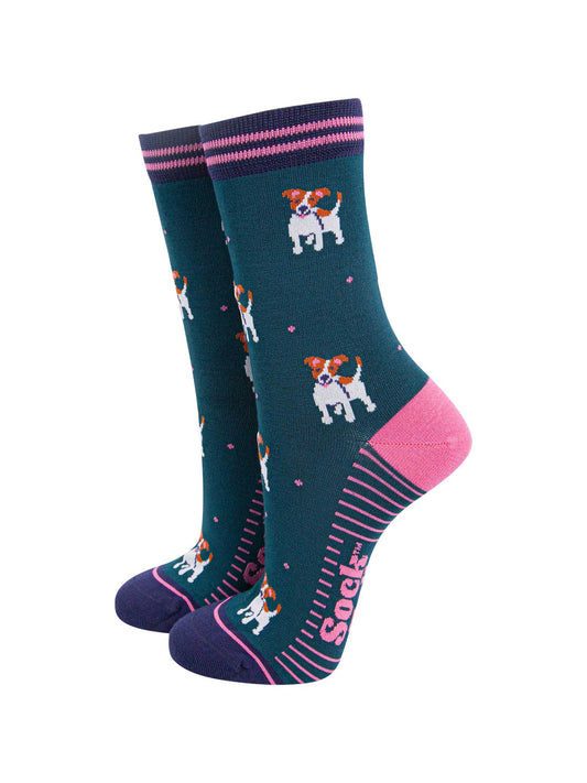 womens-bamboo-socks-forest-green-navy-blue-jack-russell-terriers-dogs
