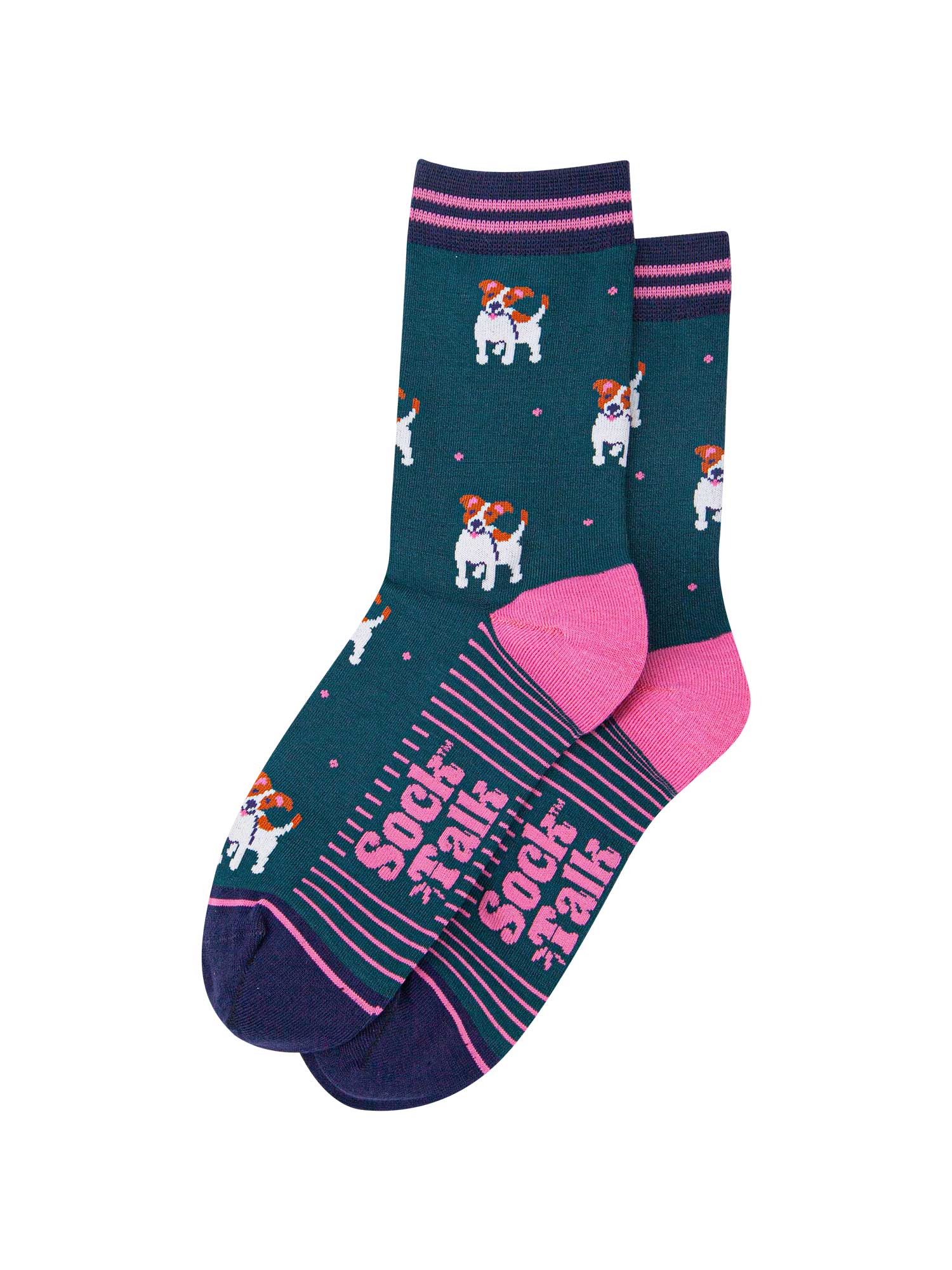 womens-bamboo-socks-forest-green-navy-blue-jack-russell-terriers-laying-flat