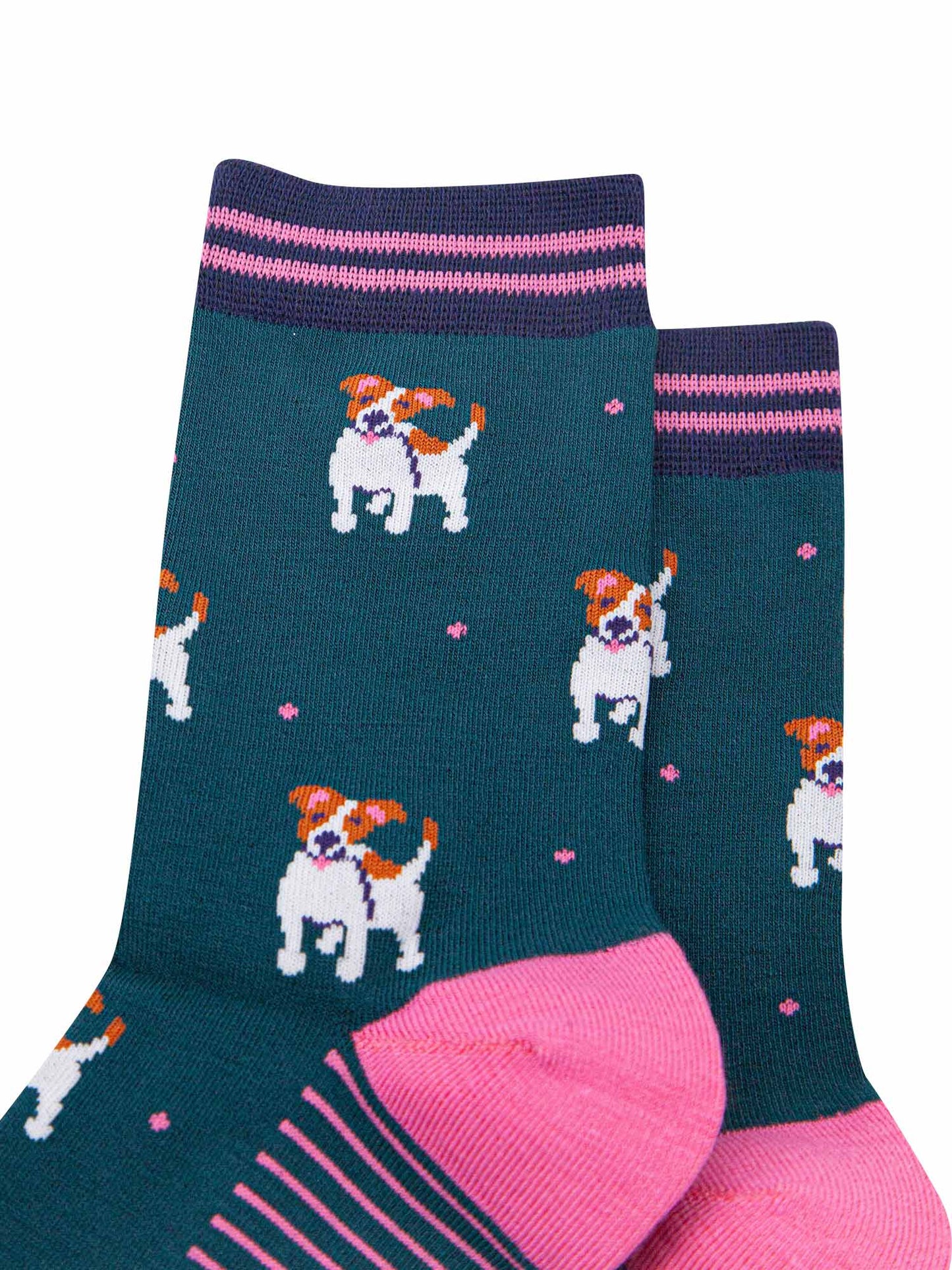 womens-bamboo-socks-forest-green-navy-blue-jack-russell-terriers-close-up