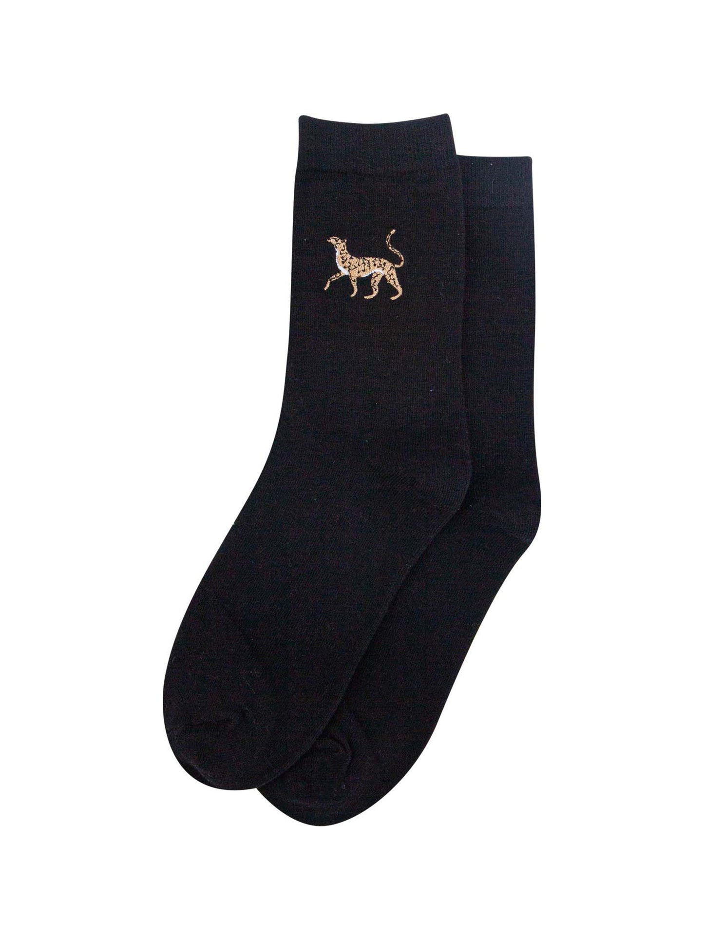 womens-embroidered-ankle-socks-black-cheetah-laying-flat