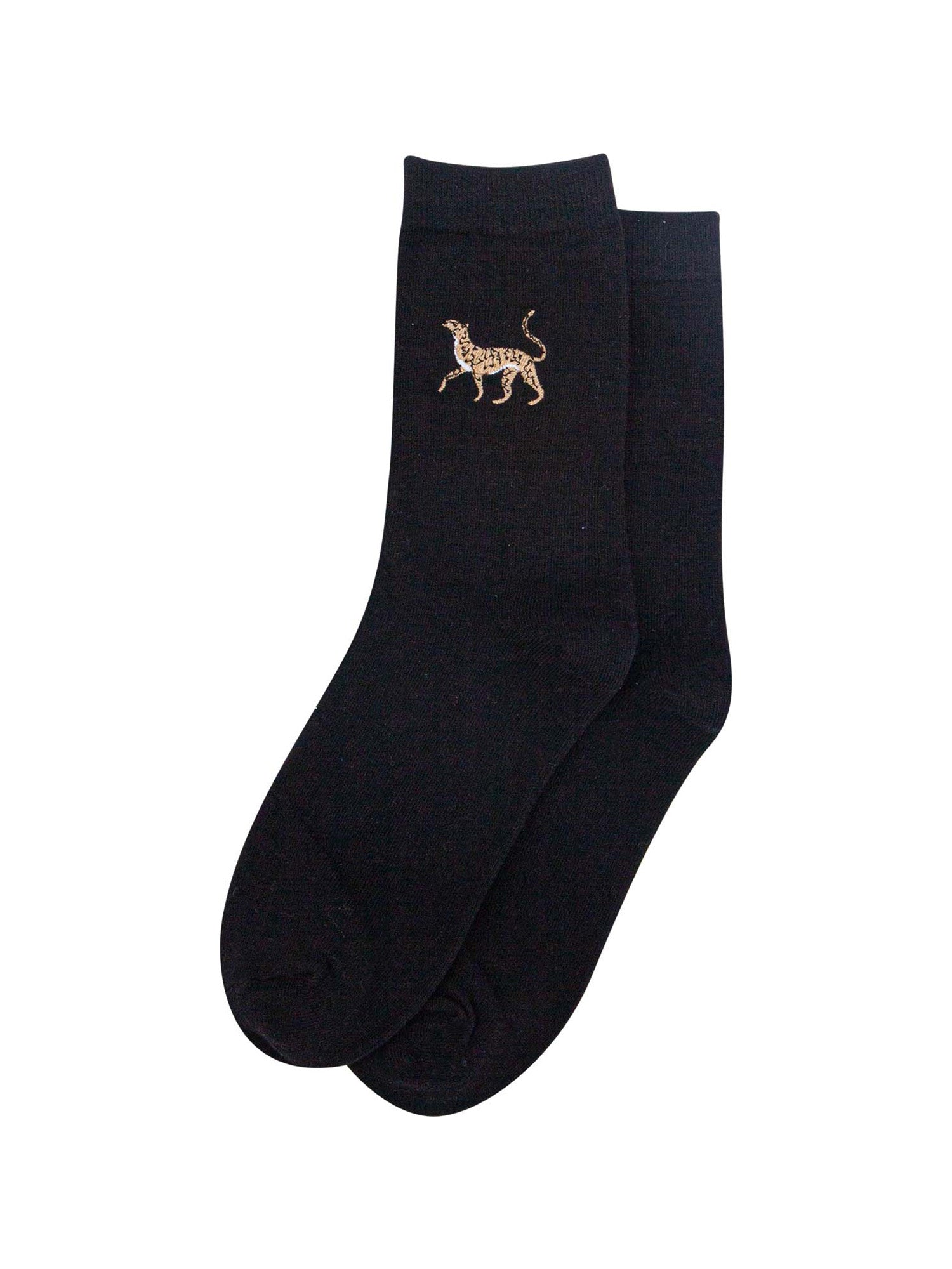 womens-embroidered-ankle-socks-black-cheetah-laying-flat