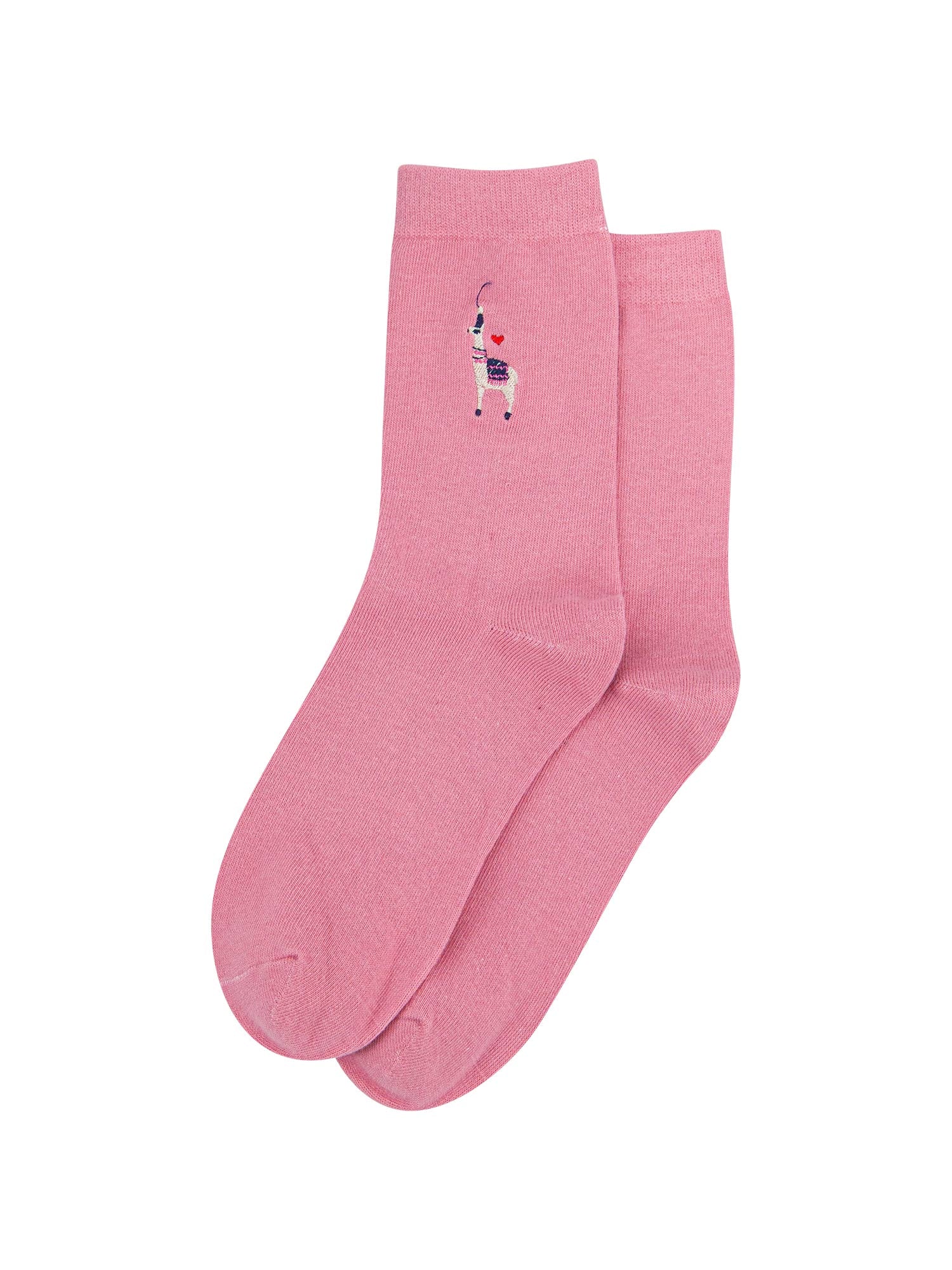 womens-embroidered-ankle-socks-pink-llama-laying-flat