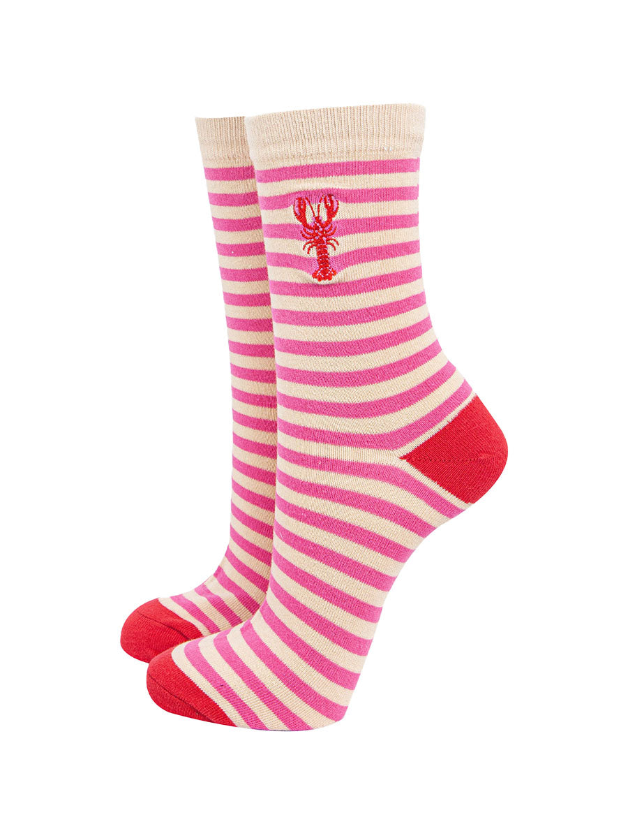 womens-embroidered-ankle-socks-red-lobster-stripe-cotton
