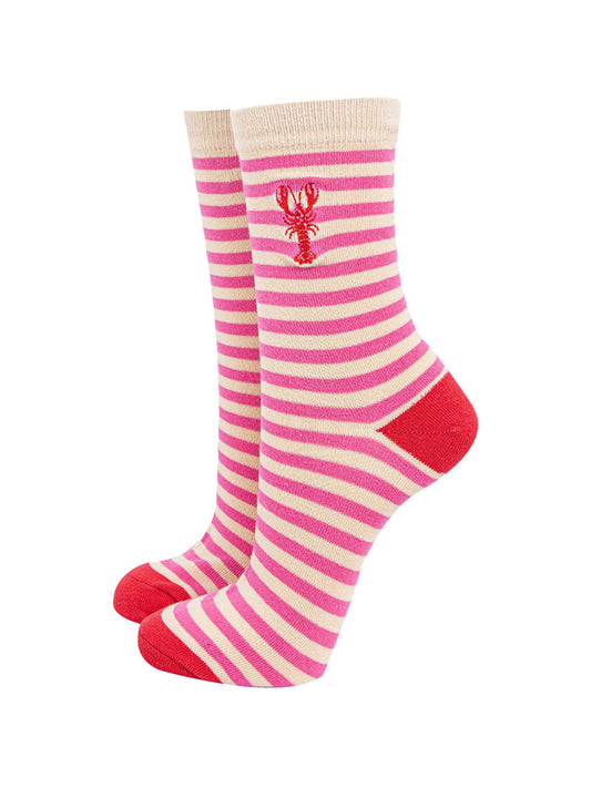 womens-embroidered-ankle-socks-red-lobster-stripe-cotton
