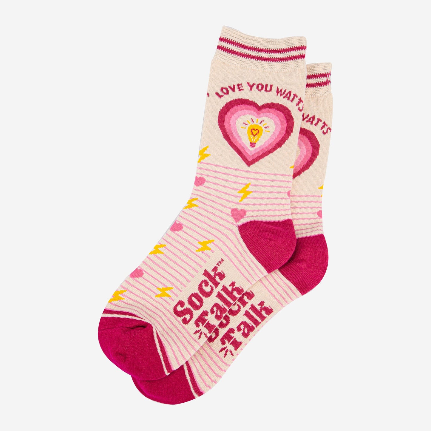 womens-combed-cotton-ankle-socks-cream-pink-love-you-watts-laying-flat