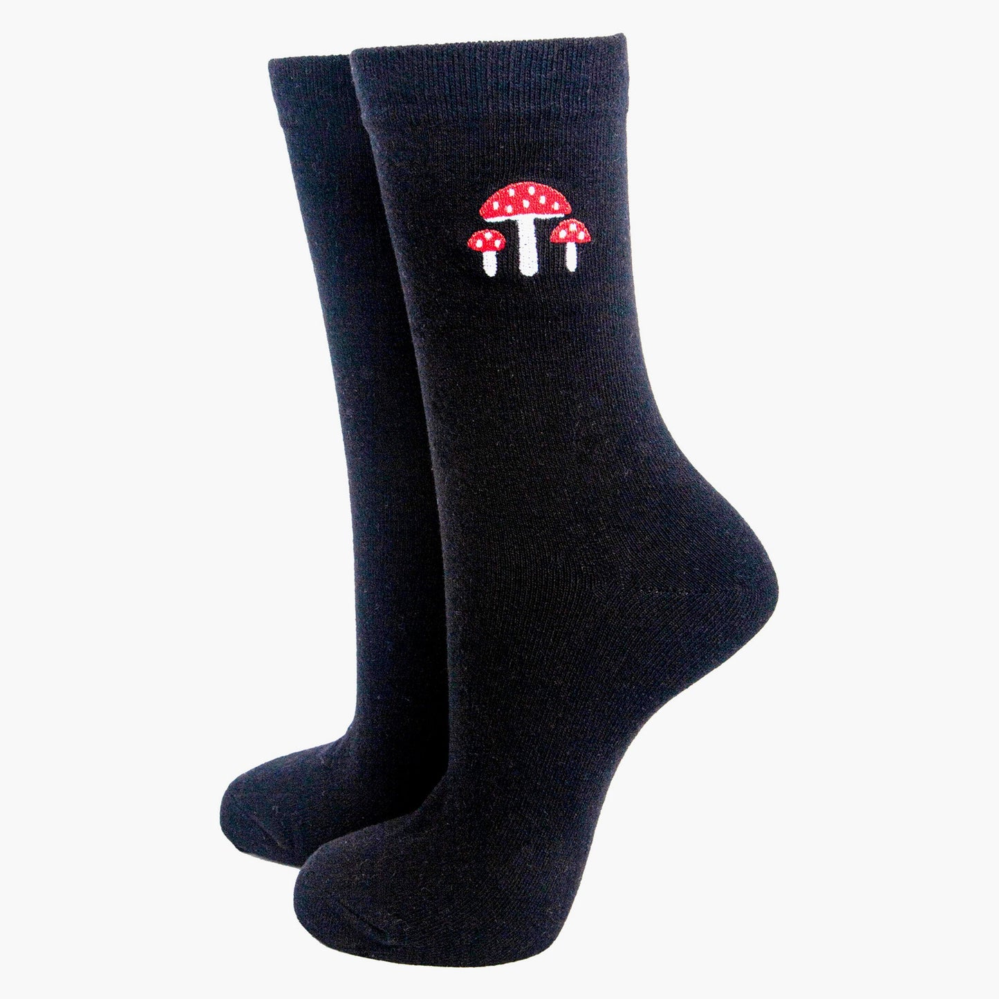 womens-embroidered-ankle-socks-black-toadstools-red