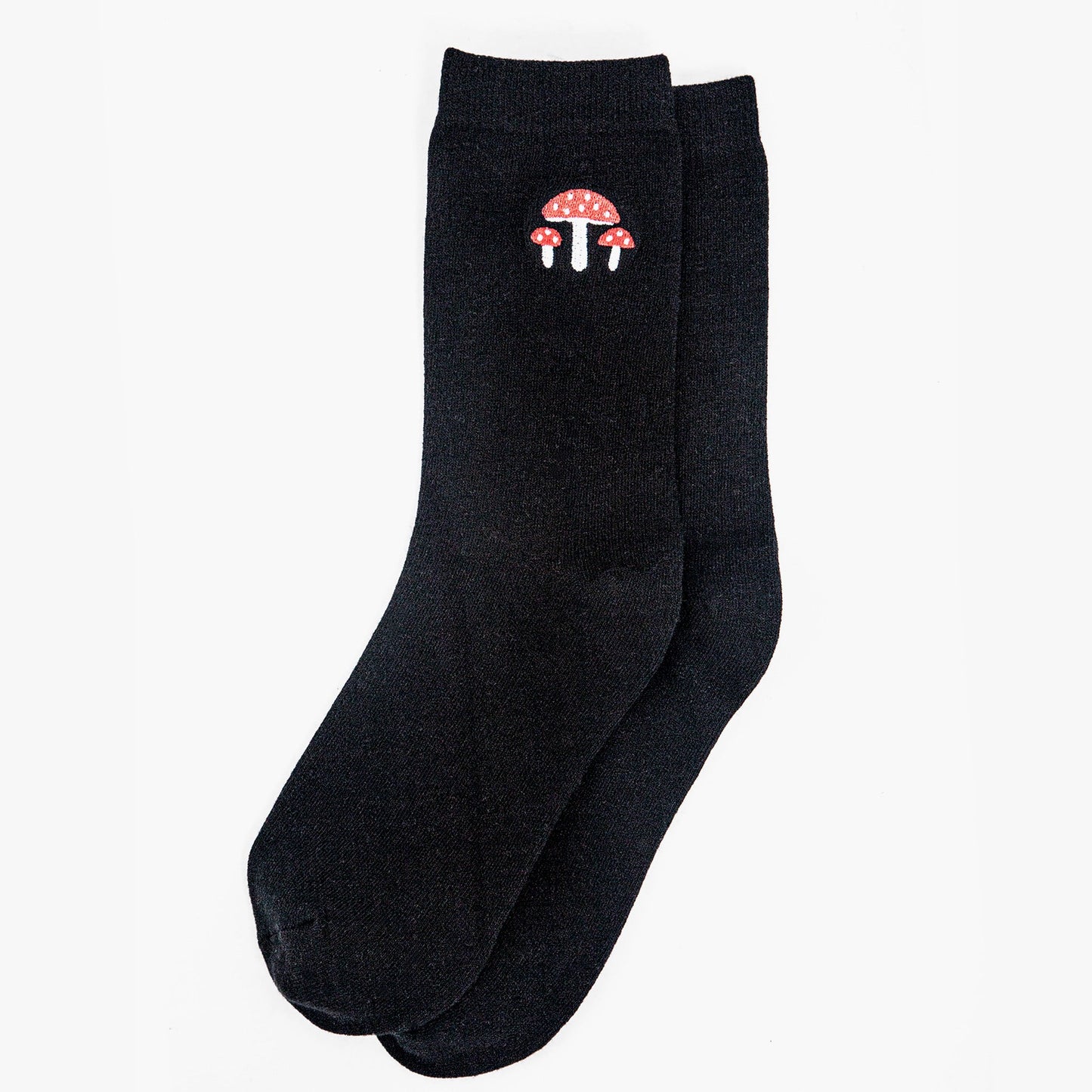 womens-embroidered-ankle-socks-black-toadstools-laying-flat