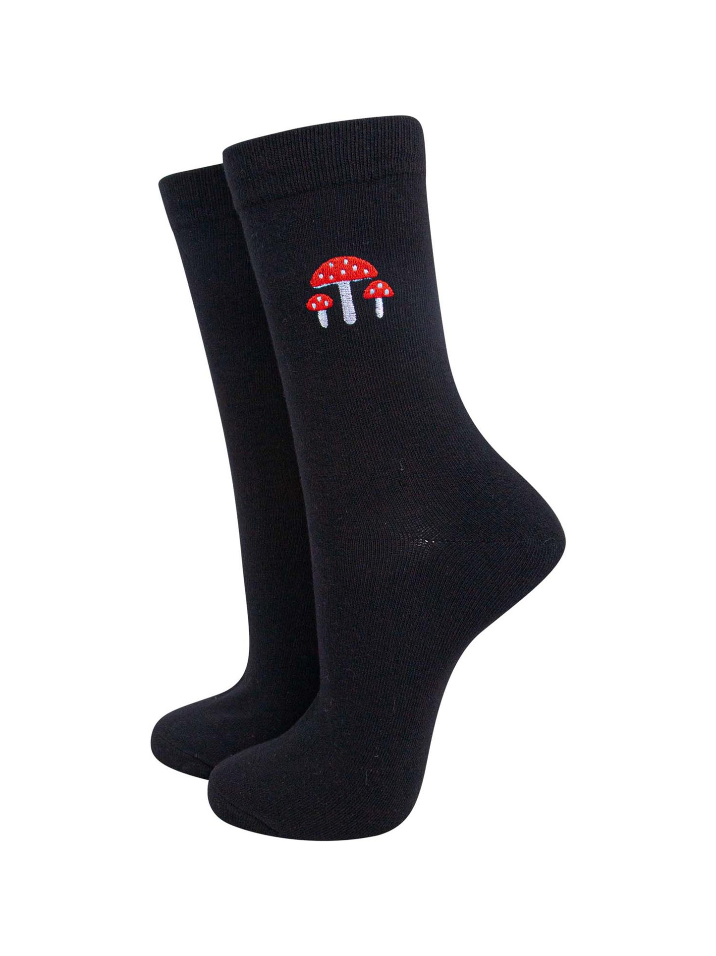 womens-embroidered-ankle-socks-black-toadstools-red