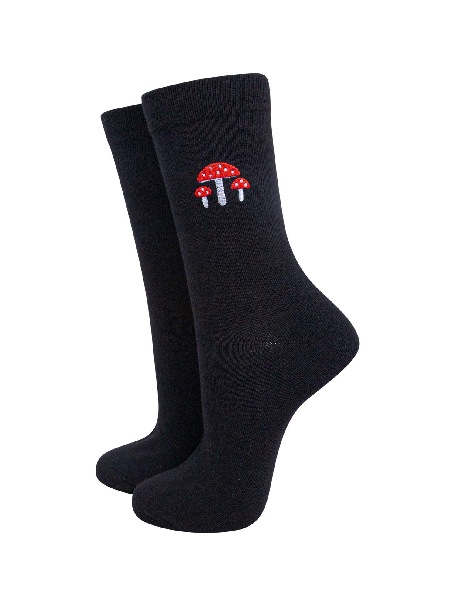 womens-embroidered-ankle-socks-black-toadstools-red