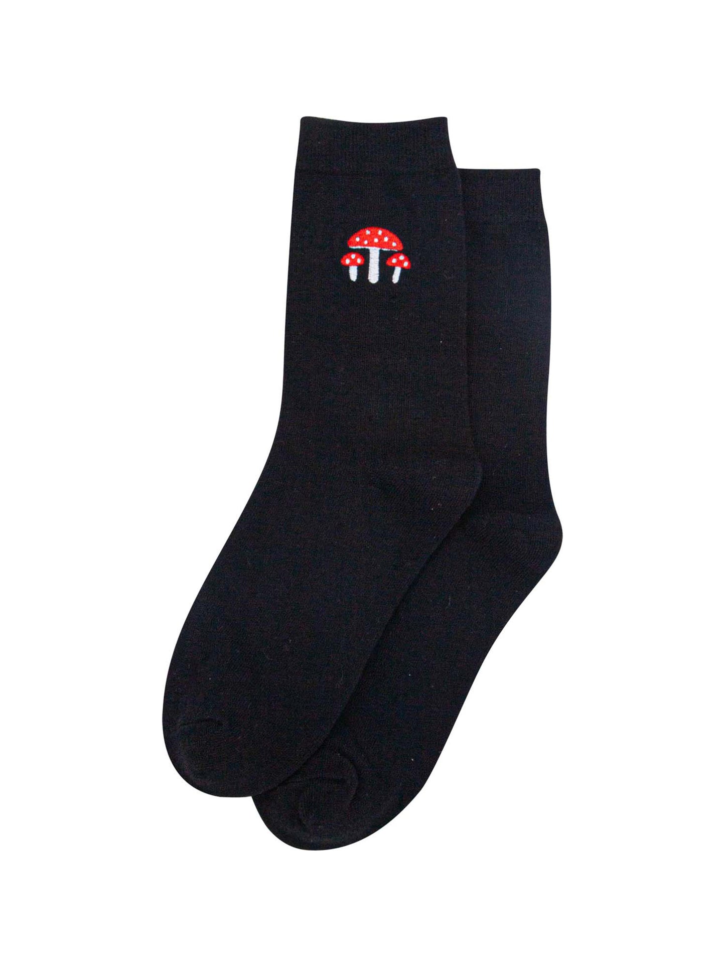 womens-embroidered-ankle-socks-black-toadstools-laying-flat