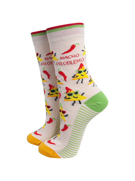 Nacho-Problemo-Combed-Cotton-Socks-in-White-On-Mannequin