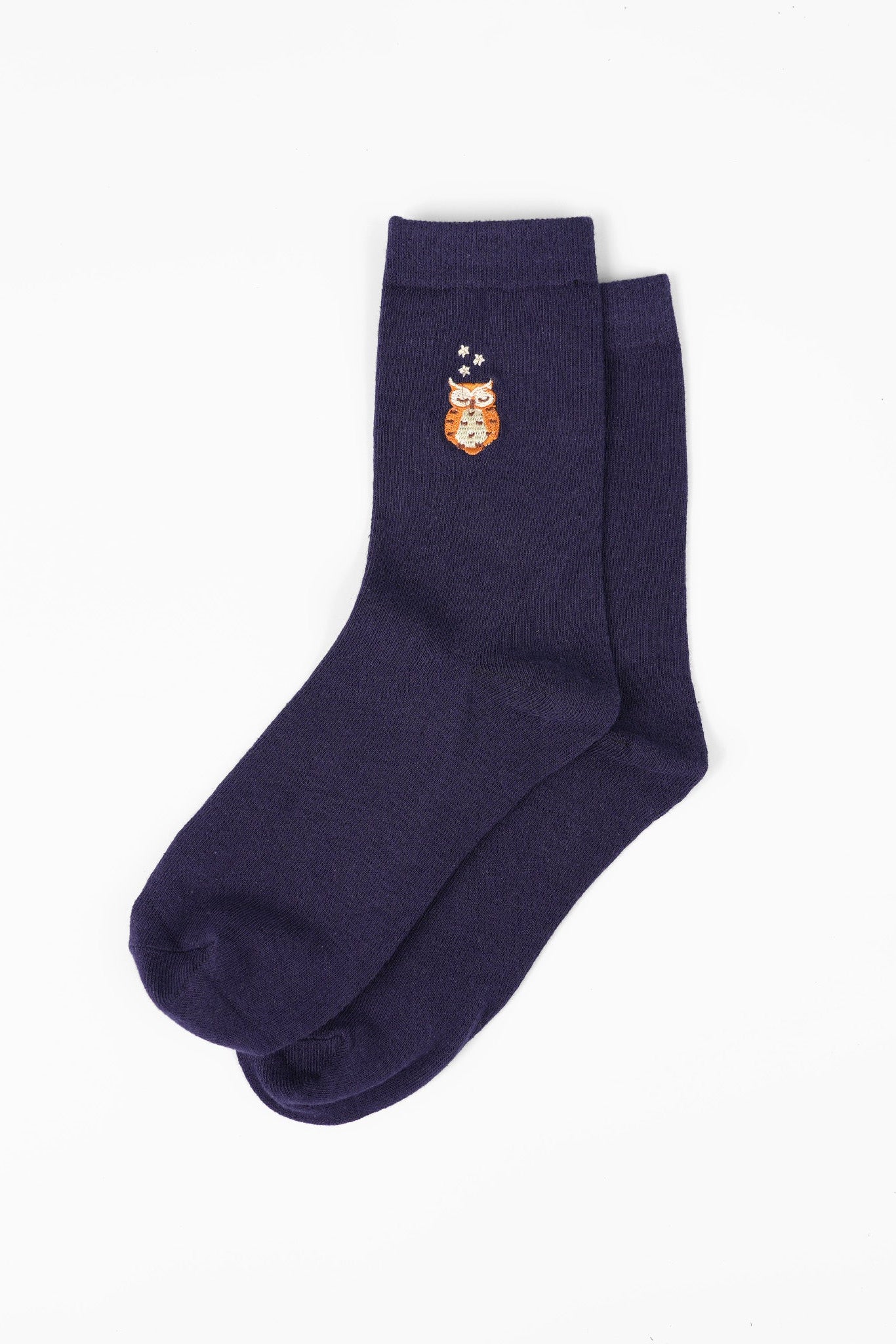 Women's Embroidered Ankle Socks- Navy Blue, Owl