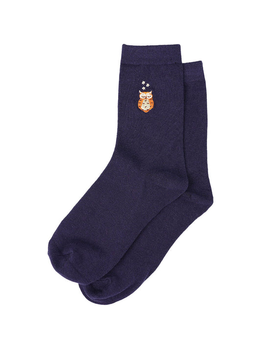 Embroidered Owl Cotton Socks in Navy Blue