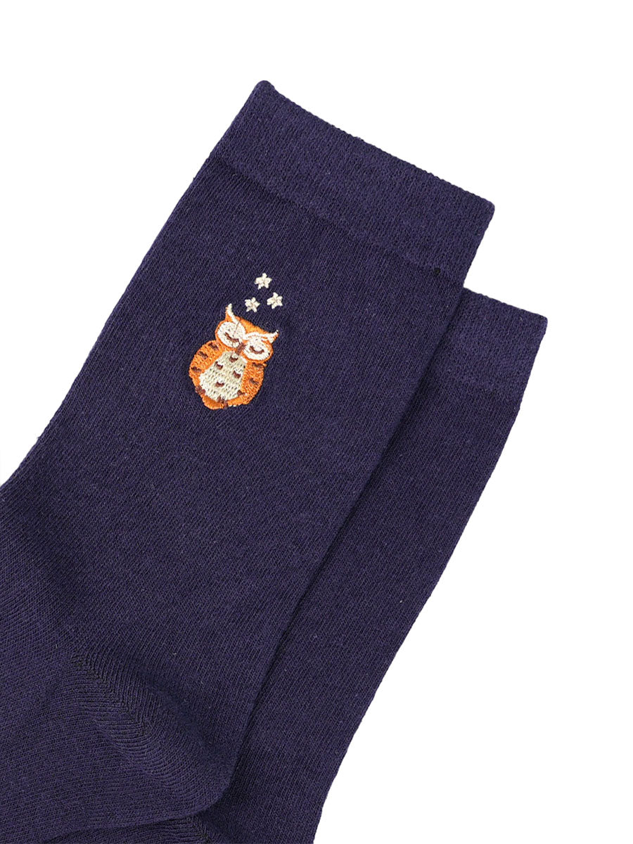 Embroidered Owl Cotton Socks in Navy Blue