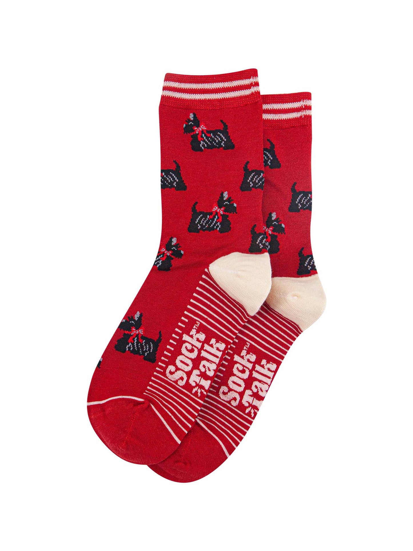 womens-bamboo-socks-red-cream-scottish-terriers-laying-flat