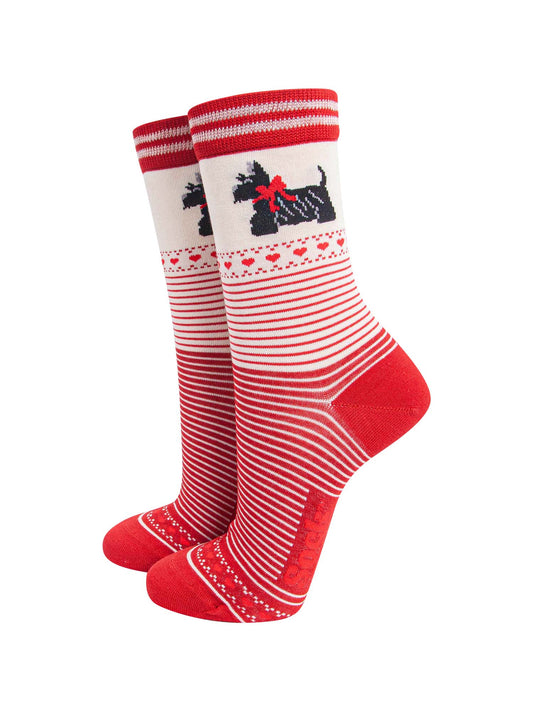 womens-bamboo-socks-cream-red-scottish-terriers-stripes-dogs