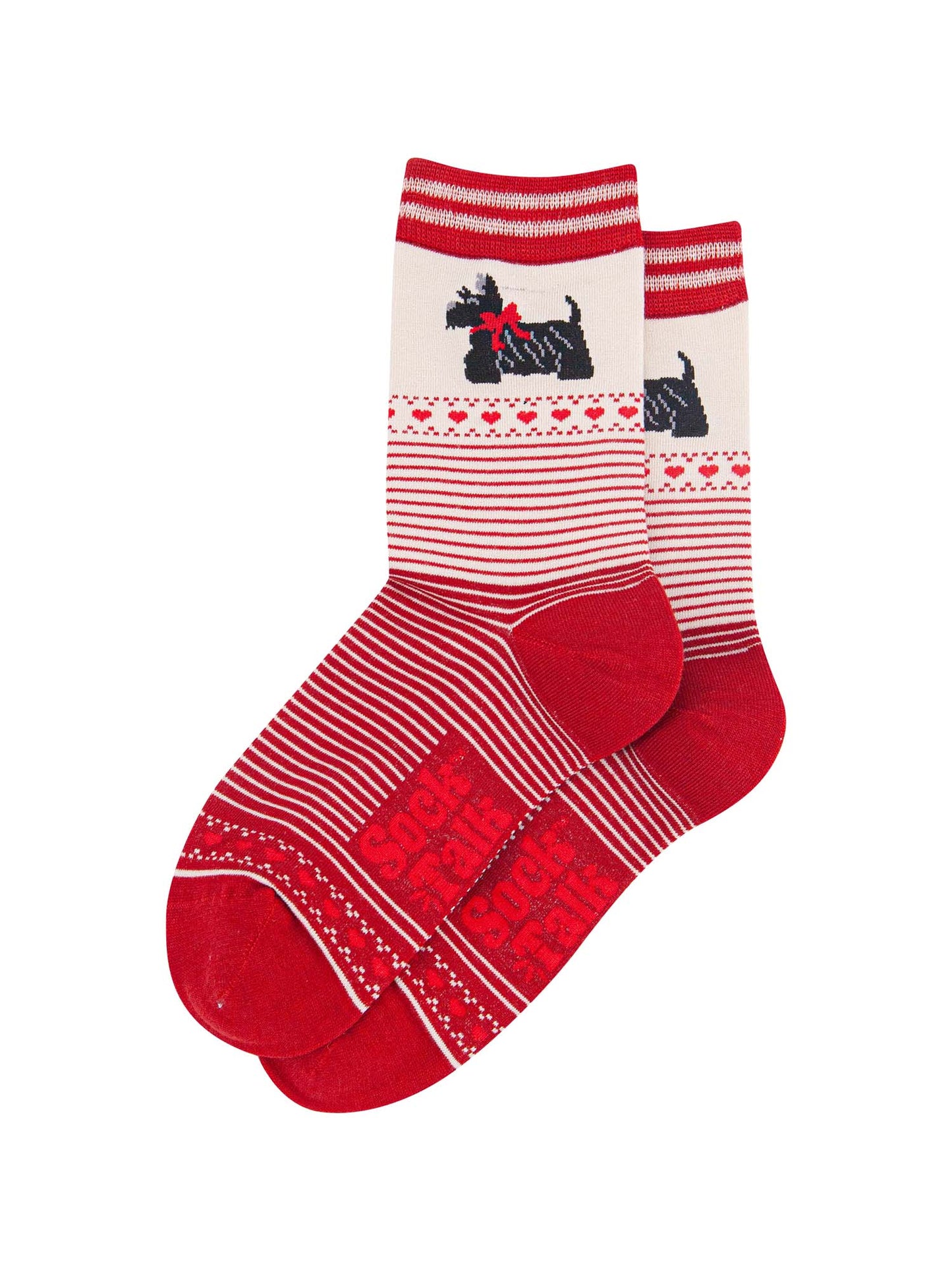 womens-bamboo-socks-cream-red-scottish-terriers-stripes-laying-flat