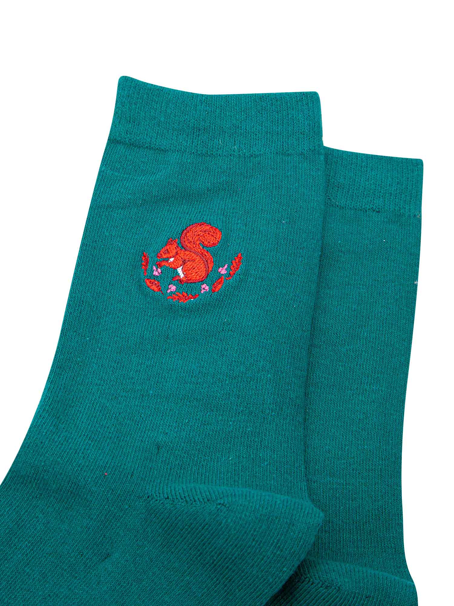 womens-embroidered-ankle-socks-forest-green-squirrel-close-up