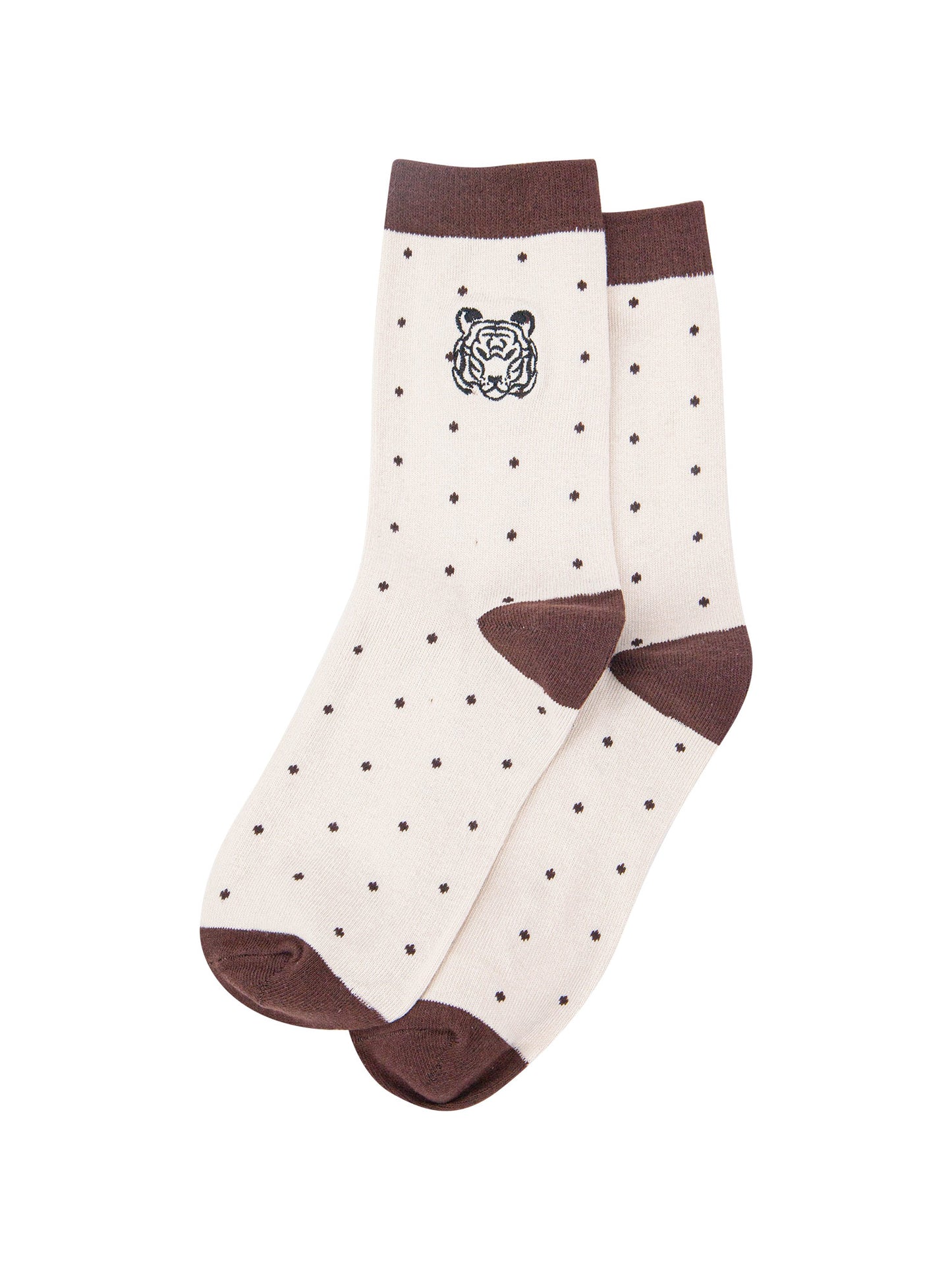 womens-embroidered-ankle-socks-cream-tiger-polka-dot-laying-flat