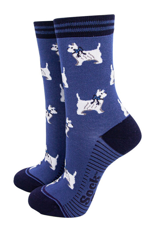womens-bamboo-socks-denim-blue-navy-blue-west-highland-terrier-dogs