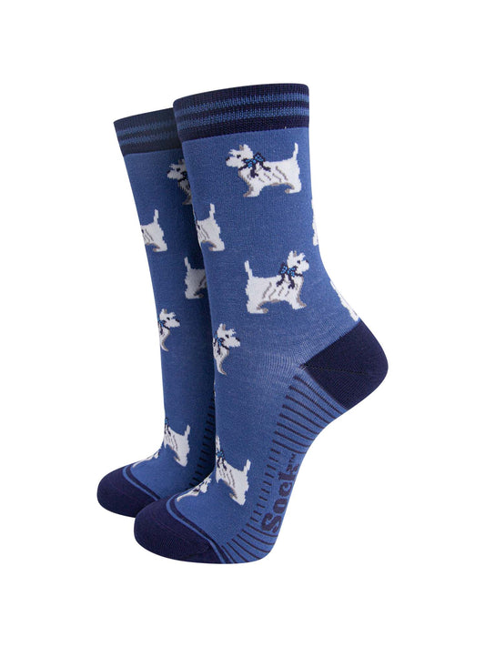 womens-bamboo-socks-denim-blue-navy-blue-west-highland-terrier-dogs