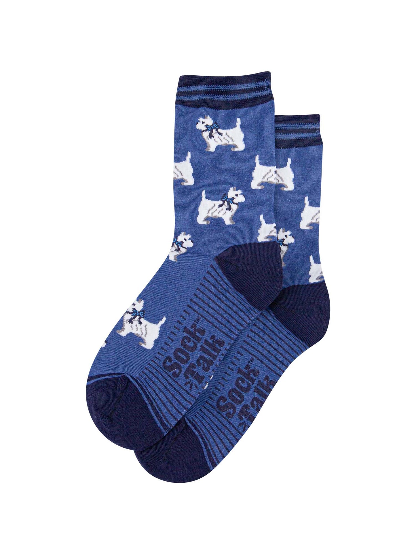 womens-bamboo-socks-denim-blue-navy-blue-west-highland-terrier-laying-flat