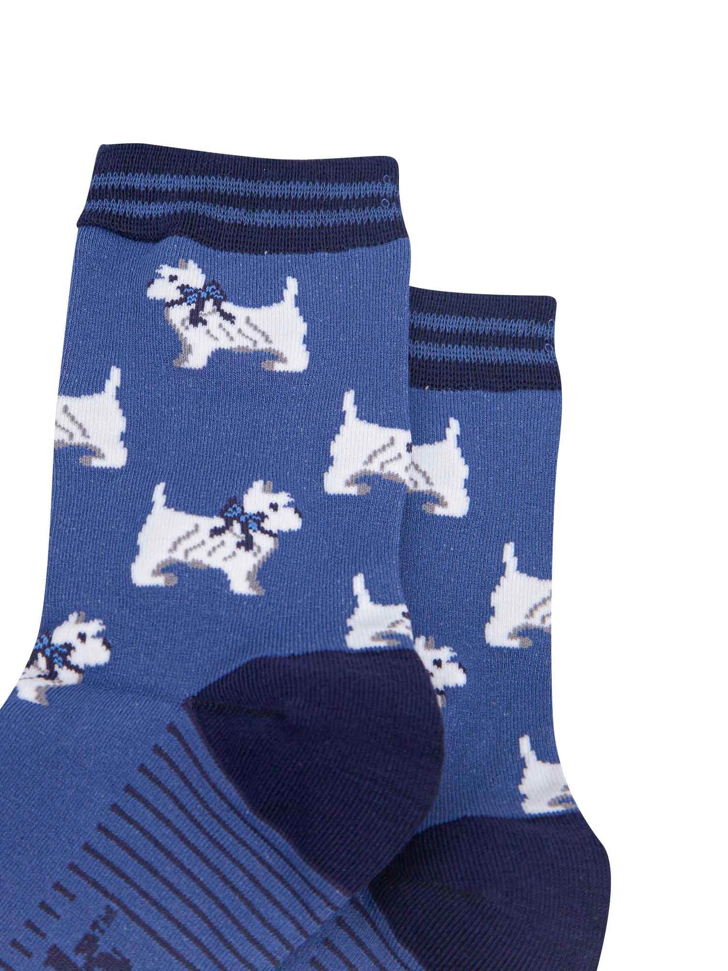 womens-bamboo-socks-denim-blue-navy-blue-west-highland-terrier-close-up