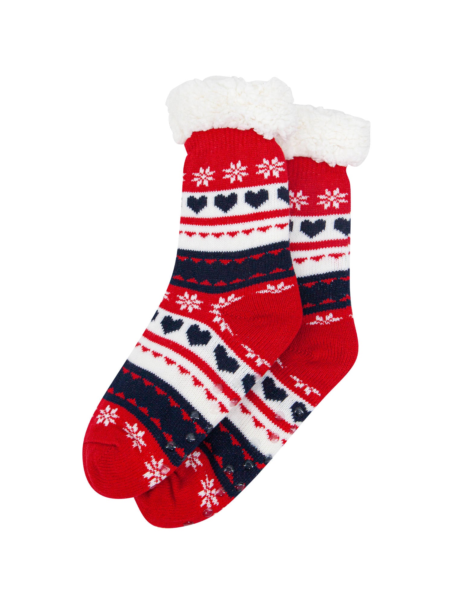 womens-long-slipper-socks-navy-red-fair-isle-laying-flat-grip-soles