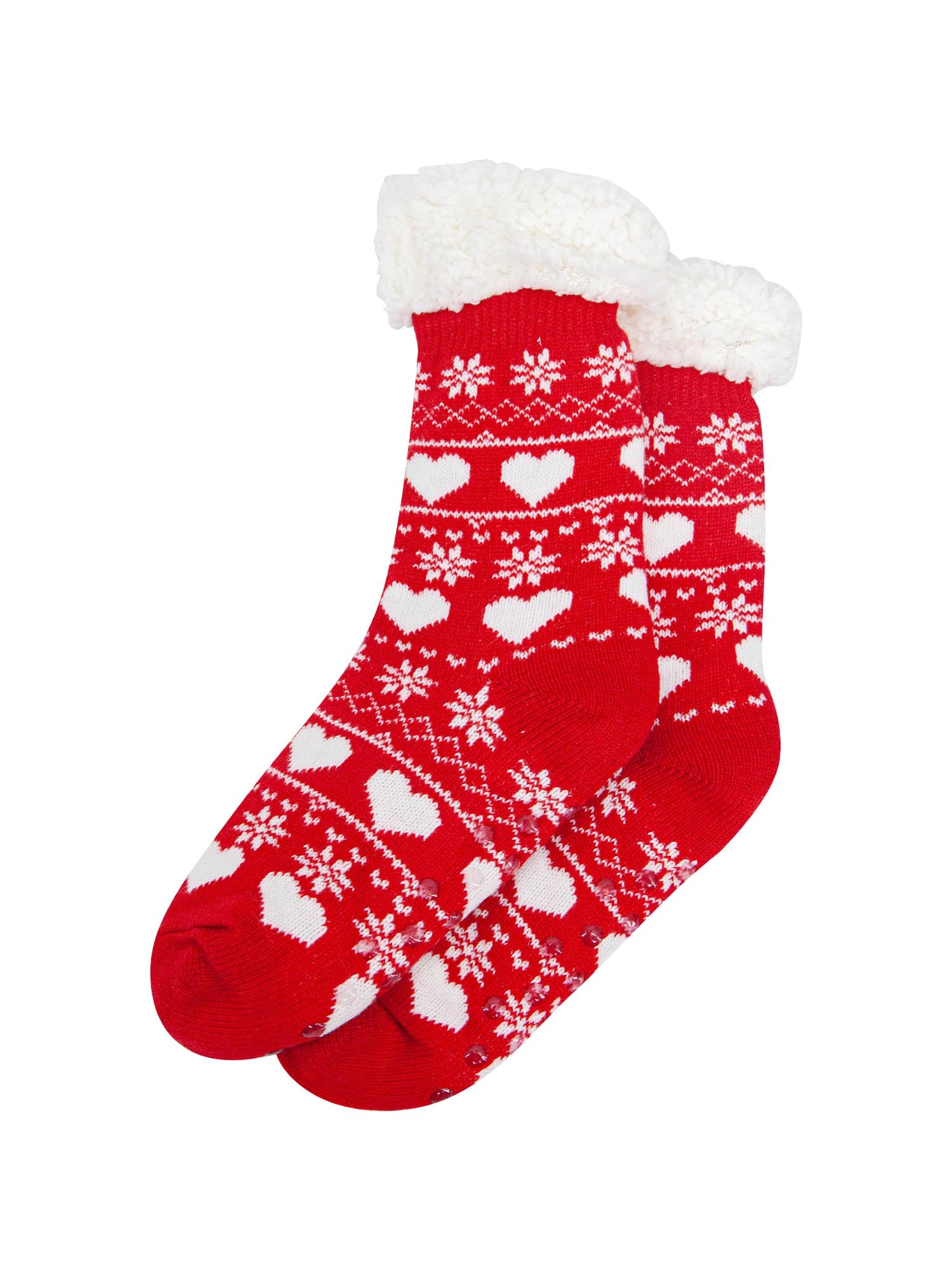 womens-long-slipper-socks-red-fair-isle-laying-flat