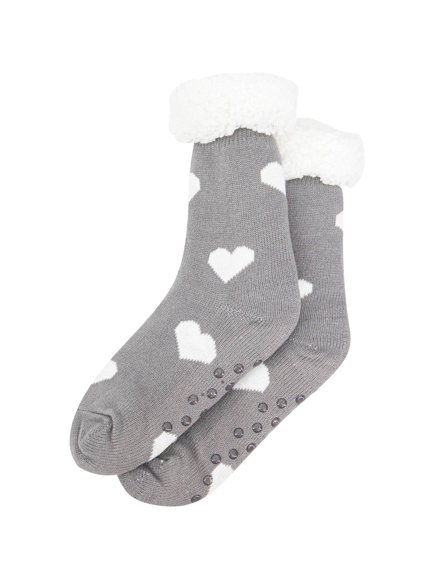 womens-long-slipper-socks-grey-heart-laying-flat-grip-soles